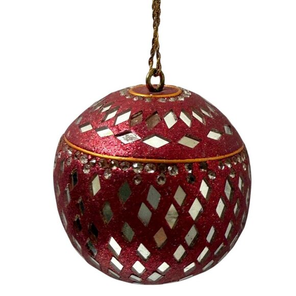 Vintage Indian Beaded Mirror Ball Christmas Ornament Boho Hippie Red Blue Gold - Picture 8 of 9